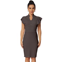 Dark Taupe Grey	 - 	vintage Frill Sleeve V-neck Bodycon Dress