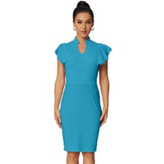 Pacific Blue	 - 	vintage Frill Sleeve V-neck Bodycon Dress