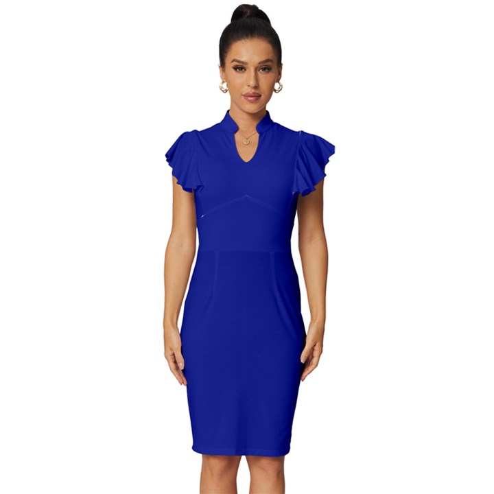 Phalo Blue	 - 	Vintage Frill Sleeve V-Neck Bodycon Dress