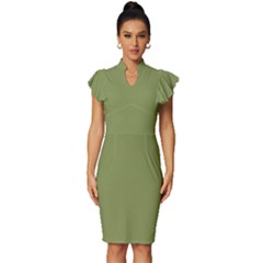 Light Moss Green	 - 	vintage Frill Sleeve V-neck Bodycon Dress