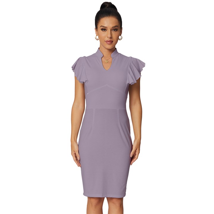 Heliotrope Grey	 - 	Vintage Frill Sleeve V-Neck Bodycon Dress