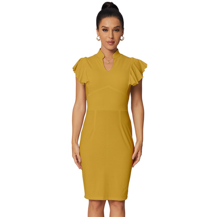 Goldenrod Orange	 - 	Vintage Frill Sleeve V-Neck Bodycon Dress