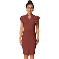 Burnt Umber Red	 - 	vintage Frill Sleeve V-neck Bodycon Dress