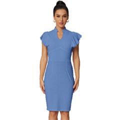 Provence Blue	 - 	vintage Frill Sleeve V-neck Bodycon Dress