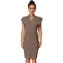 Otter Brown	 - 	vintage Frill Sleeve V-neck Bodycon Dress