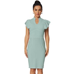 Pistachio Green	 - 	vintage Frill Sleeve V-neck Bodycon Dress