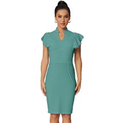 Polished Pine Green	 - 	vintage Frill Sleeve V-neck Bodycon Dress