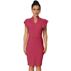 French Raspberry Red	 - 	vintage Frill Sleeve V-neck Bodycon Dress