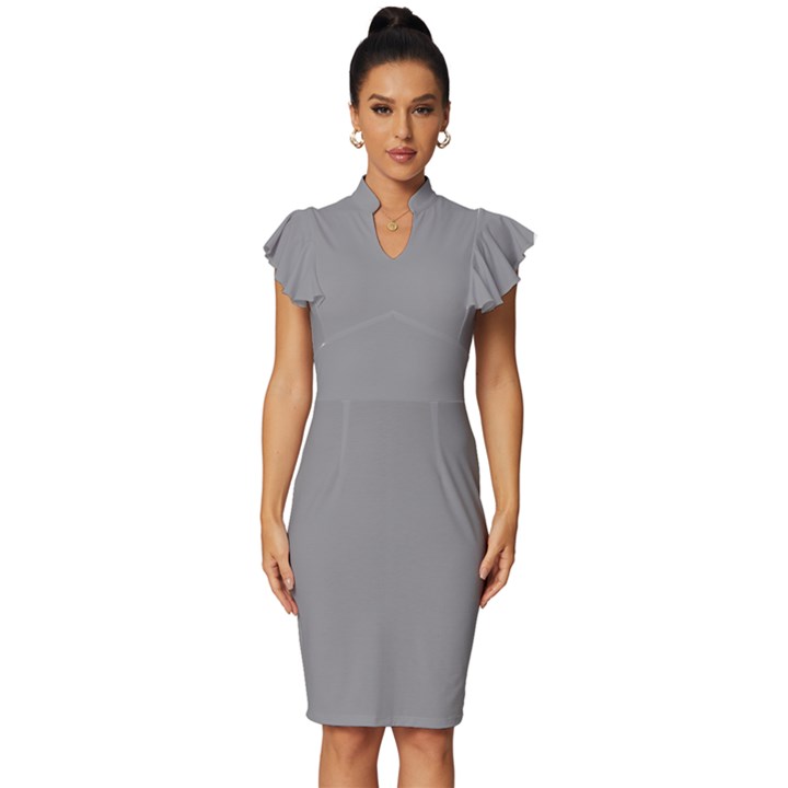 Spanish Grey	 - 	Vintage Frill Sleeve V-Neck Bodycon Dress