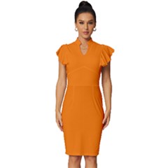 Turmeric Orange	 - 	vintage Frill Sleeve V-neck Bodycon Dress