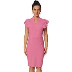 Watermelon Pink	 - 	vintage Frill Sleeve V-neck Bodycon Dress