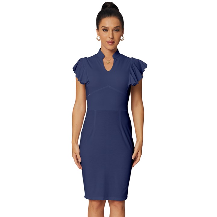 Blue Depths	 - 	Vintage Frill Sleeve V-Neck Bodycon Dress