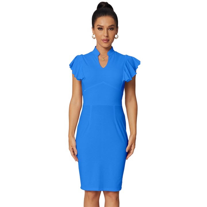 Dodger Blue	 - 	Vintage Frill Sleeve V-Neck Bodycon Dress