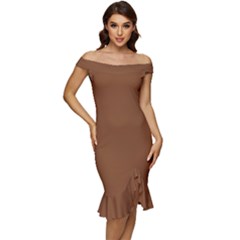 Caramel Cafe Brown	 - 	off Shoulder Ruffle Split Hem Bodycon Dress