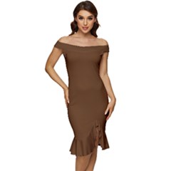 Caramel Brown	 - 	off Shoulder Ruffle Split Hem Bodycon Dress