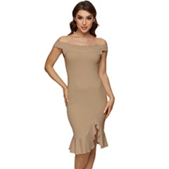 Lion Brown	 - 	off Shoulder Ruffle Split Hem Bodycon Dress