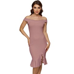 Rose Dawn Brown	 - 	off Shoulder Ruffle Split Hem Bodycon Dress