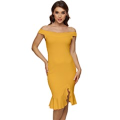 Merigold Orange	 - 	off Shoulder Ruffle Split Hem Bodycon Dress