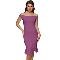 Magenta Haze Purple	 - 	off Shoulder Ruffle Split Hem Bodycon Dress