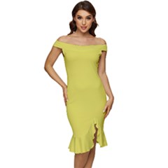 Meadowlark Yellow	 - 	off Shoulder Ruffle Split Hem Bodycon Dress