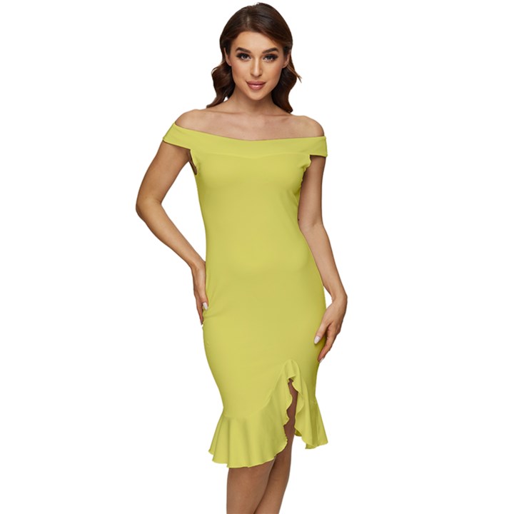 Meadowlark Yellow	 - 	Off Shoulder Ruffle Split Hem Bodycon Dress