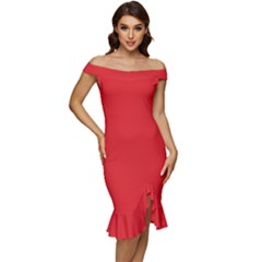 Rose Red	 - 	off Shoulder Ruffle Split Hem Bodycon Dress