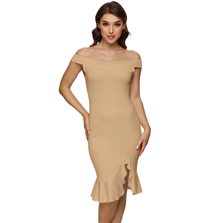 Sepia Yellow	 - 	Off Shoulder Ruffle Split Hem Bodycon Dress