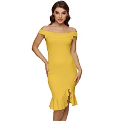 Sunglow Yellow	 - 	off Shoulder Ruffle Split Hem Bodycon Dress