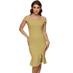 Trombone Yellow	 - 	Off Shoulder Ruffle Split Hem Bodycon Dress