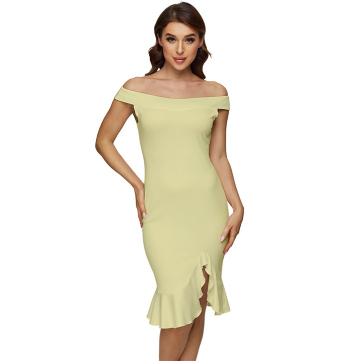 Yellow Iris	 - 	Off Shoulder Ruffle Split Hem Bodycon Dress