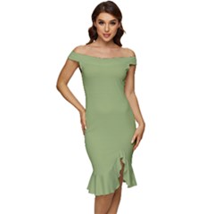 Iguana Green	 - 	off Shoulder Ruffle Split Hem Bodycon Dress