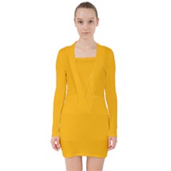 China Yellow	 - 	v-neck Bodycon Long Sleeve Dress by ColorfulDresses