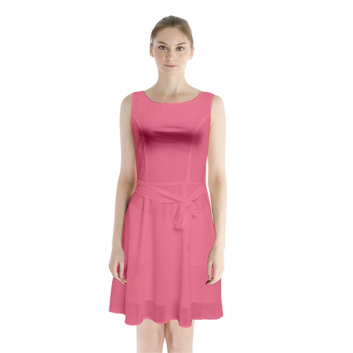 Rouge Pink	 - 	Sleeveless Waist Tie Chiffon Dress