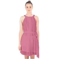 Cinnamon Satin Pink	 - 	Halter Collar Waist Tie Chiffon Dress