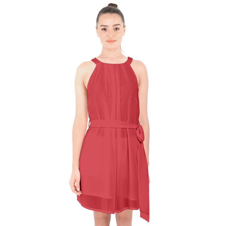 Flame Scarlet Red	 - 	Halter Collar Waist Tie Chiffon Dress