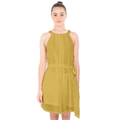 Lemon Curry Yellow	 - 	halter Collar Waist Tie Chiffon Dress by ColorfulDresses