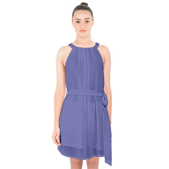 Blue Iris	 - 	Halter Collar Waist Tie Chiffon Dress