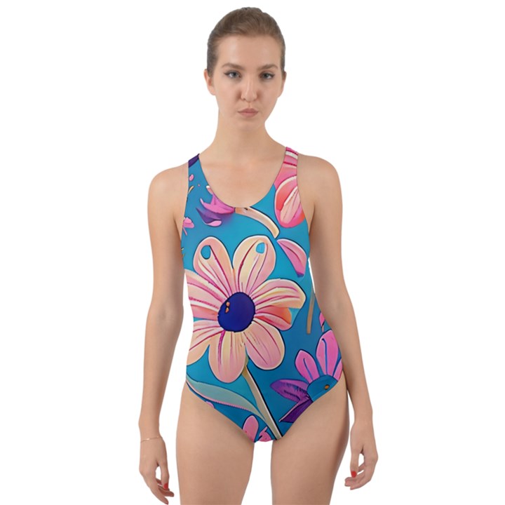 Vintage Flowers Cut-Out Back One Piece Swimsuit