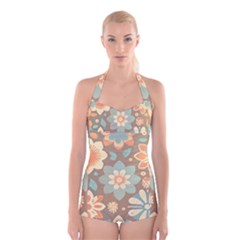 Retro Pastel Flowers Boyleg Halter Swimsuit  by HWDesign