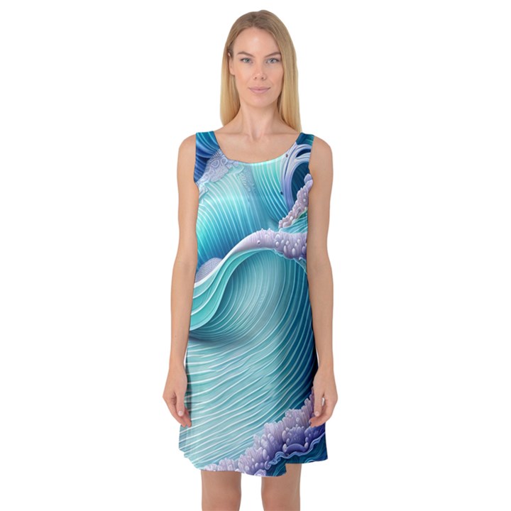 Pastel Sea Waves Sleeveless Satin Nightdress