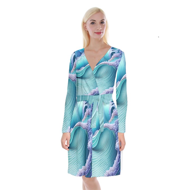 Pastel Sea Waves Long Sleeve Velvet Front Wrap Dress