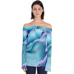 Pastel Sea Waves Off Shoulder Long Sleeve Top by GardenOfOphir