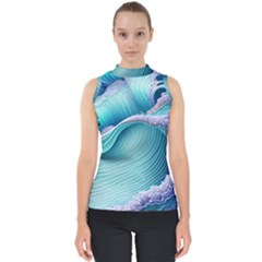 Pastel Sea Waves Mock Neck Shell Top by GardenOfOphir