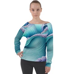 Pastel Sea Waves Off Shoulder Long Sleeve Velour Top by GardenOfOphir