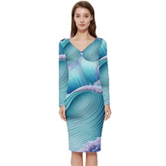 Pastel Sea Waves Long Sleeve V-neck Bodycon Dress  by GardenOfOphir