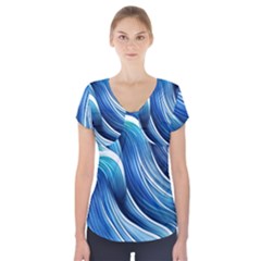 Sunny Ocean Wave Short Sleeve Front Detail Top by GardenOfOphir