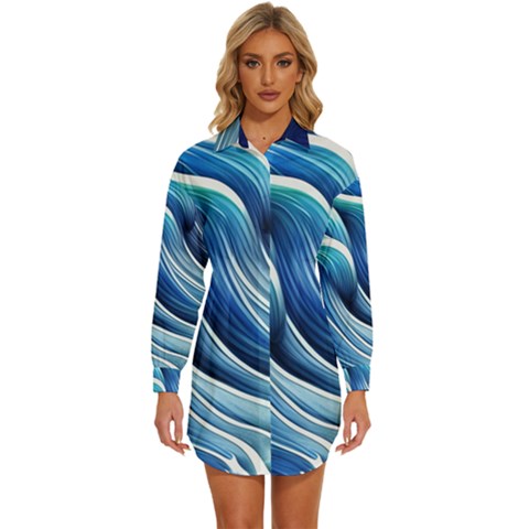 Sunny Ocean Wave Womens Long Sleeve Shirt Dress by GardenOfOphir