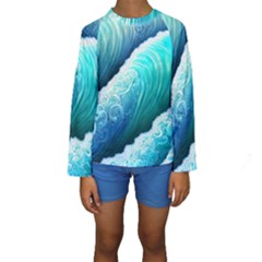 Abstract Waves In Blue And Green Kids  Long Sleeve Swimwear by GardenOfOphir