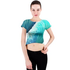 Abstract Waves In Blue And Green Crew Neck Crop Top by GardenOfOphir