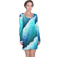 Abstract Waves In Blue And Green Long Sleeve Nightdress by GardenOfOphir